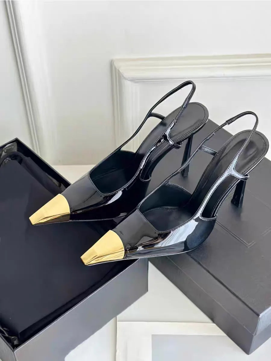 Novo verão sandálias femininas de salto alto ouro cabeça de ferro couro patente preto stiletto cabeça quadrada dedo do pé fechado estilingue volta sapatos