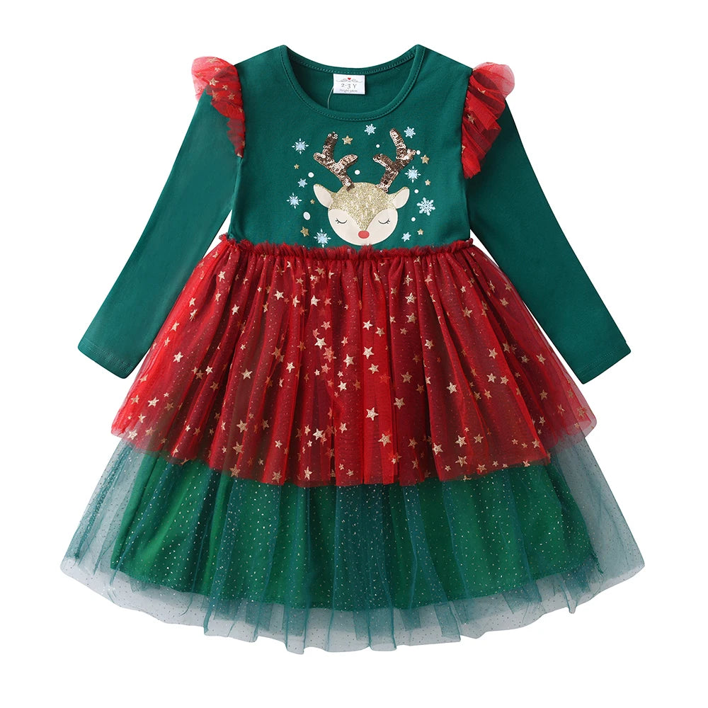 DXTON-Girls' Sequin Elk Dress, Roupa de Criança, Princess Party Dress, Manga Voadora, Inverno, Natal, Ano Novo, Bebé, 2022