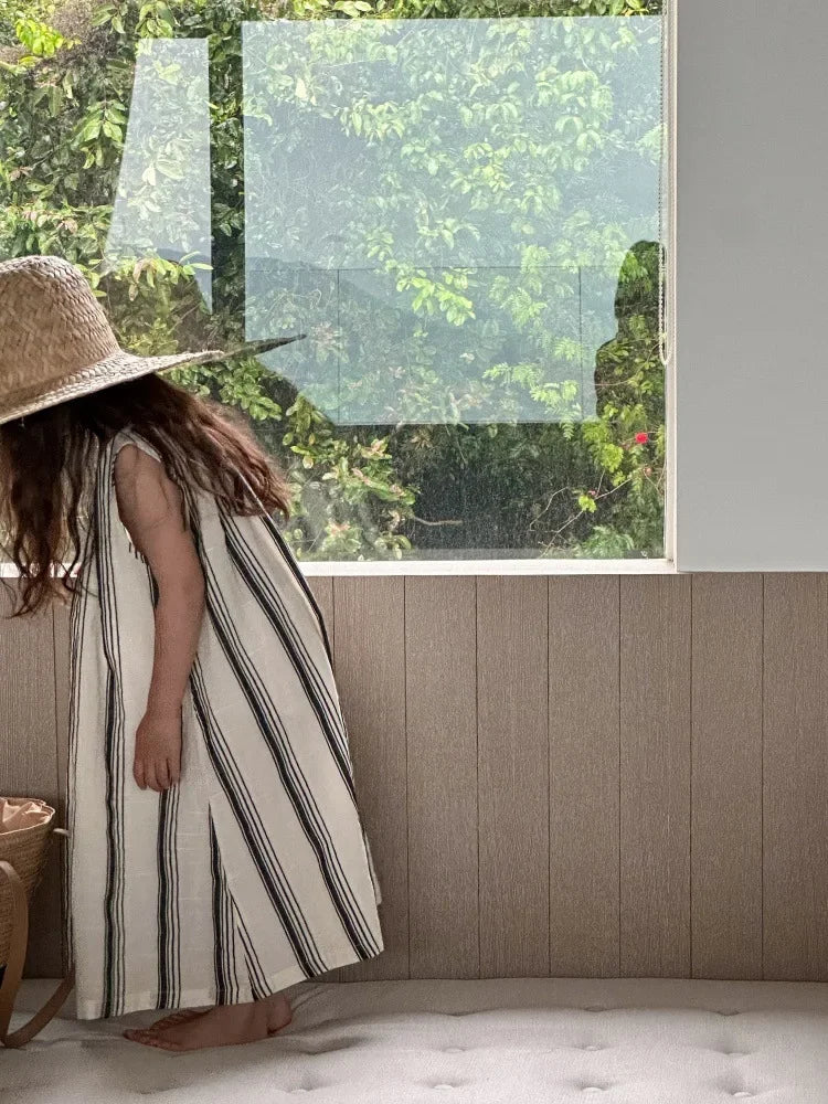 Crianças roupas meninas vestido sem mangas nova moda verão 2025 estilo coreano listra vertical francês retro vestido de férias