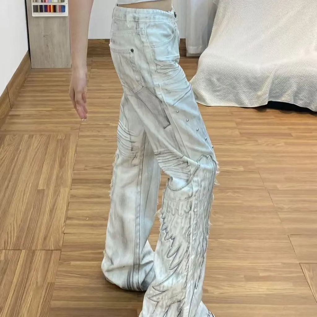 Calças Femininas Americanas Retrô Hot Girl Tie-Dye de Cintura Alta Boca de Sino Slim Rasgadas Novas de Outono e Inverno Lavadas Casuais