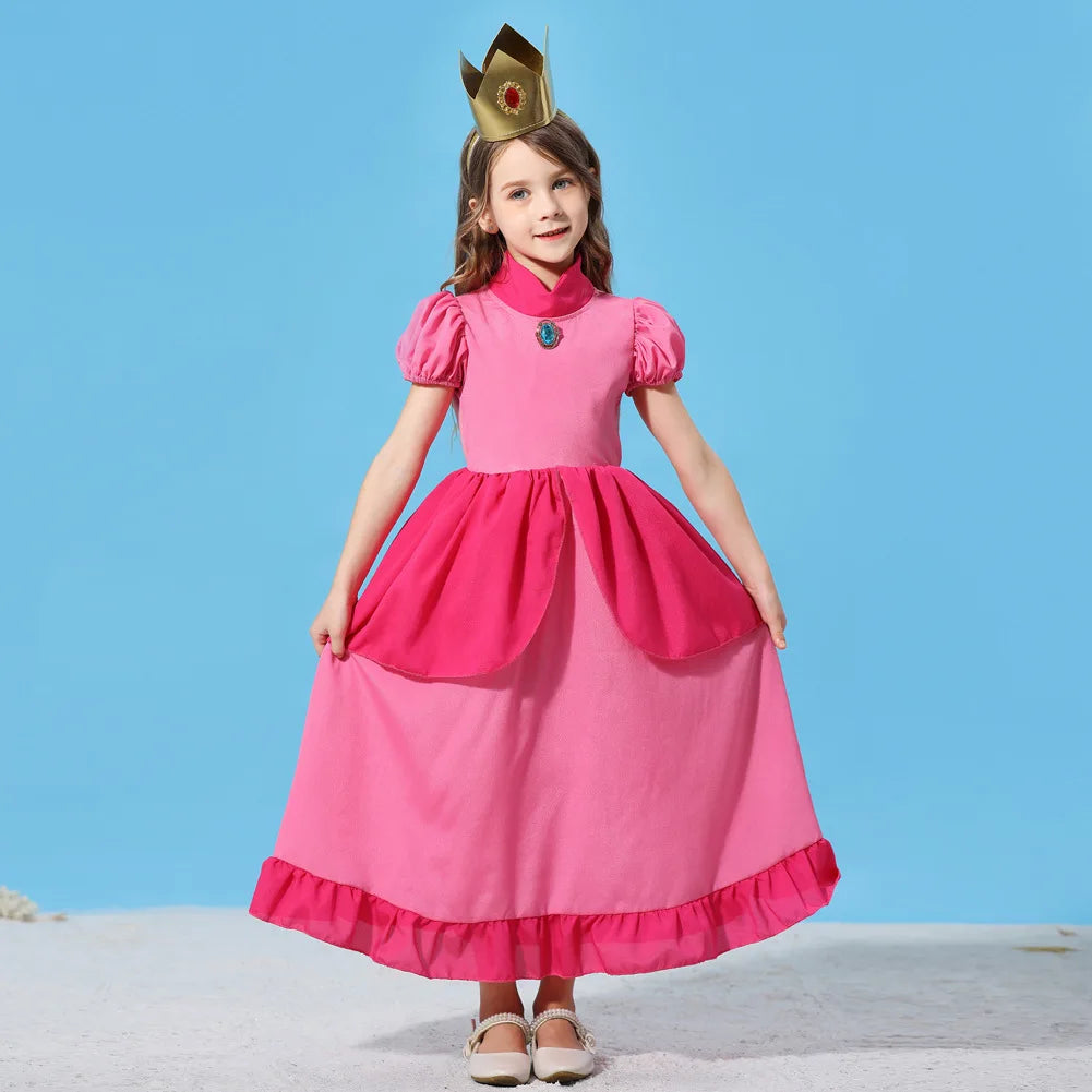 Pêssego rosalina vestido meninas margarida cosplay roupas crianças halloween vestir-se roupas de verão rendas applique princesa traje