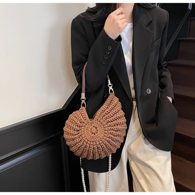 Criativo concha em forma de crochê feminino ombro sacos engraçado bonito pérolas correntes artesanal tecer crossbody saco novidade pequenas bolsas