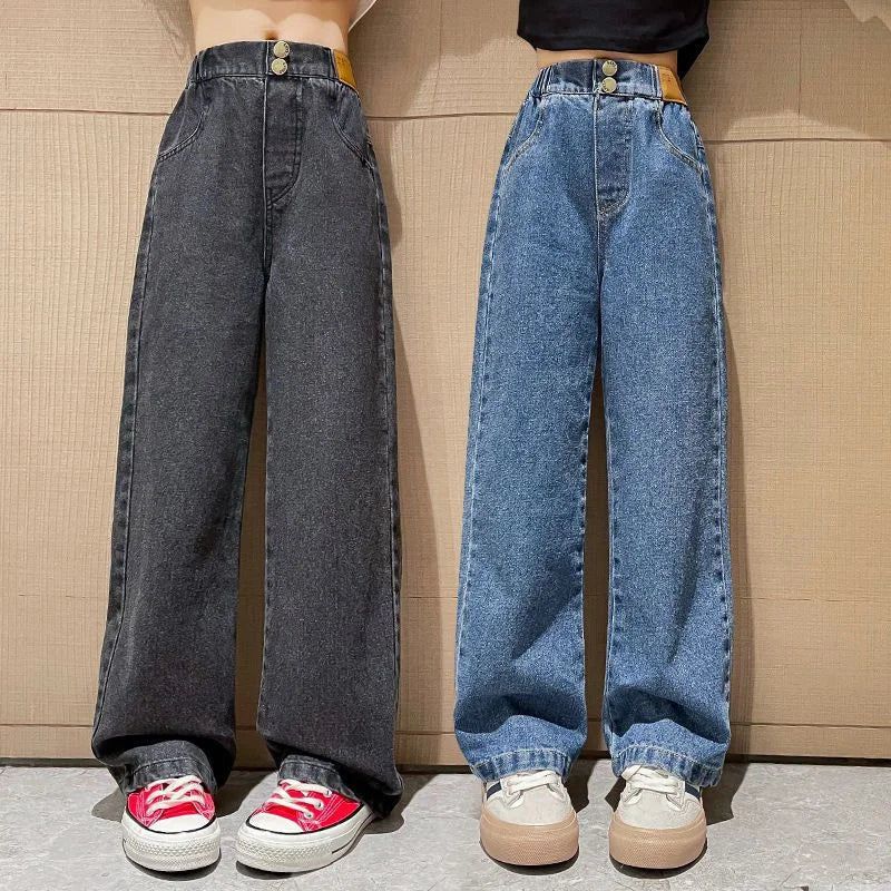 Jeans casuais soltos para meninas, calças longas retas para a escola, perna larga, para crianças de 5 a 14 anos, outono