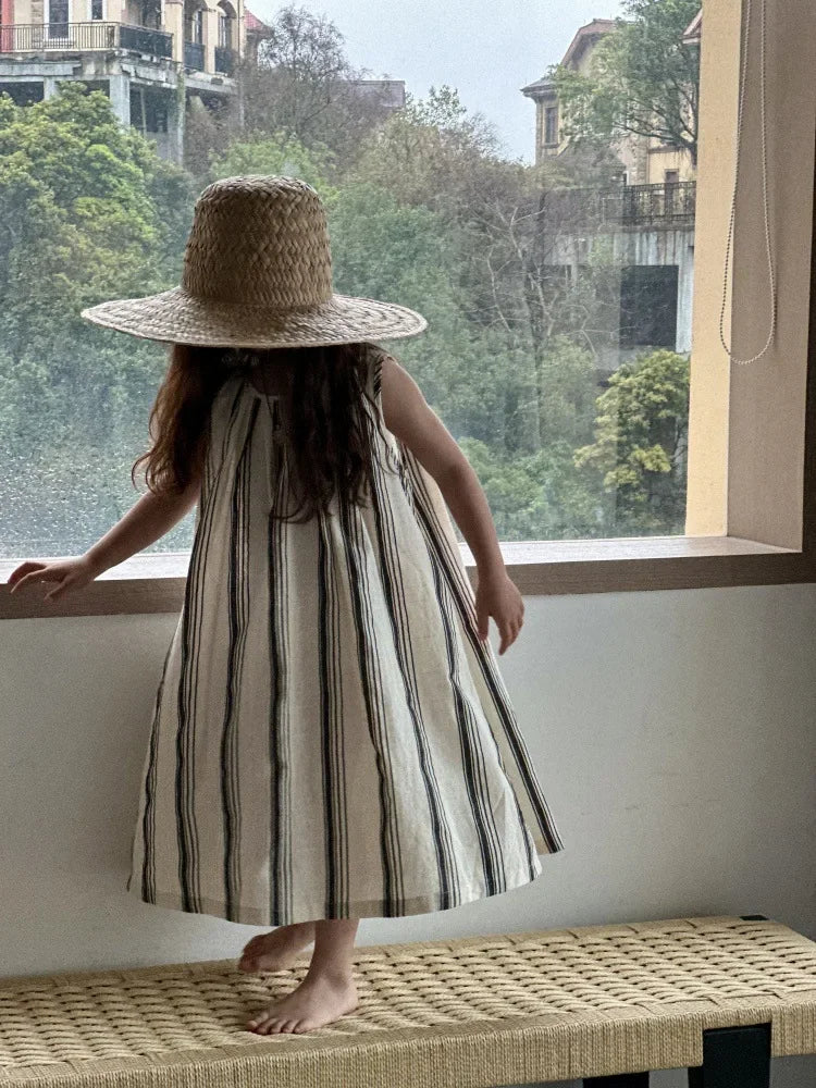 Crianças roupas meninas vestido sem mangas nova moda verão 2025 estilo coreano listra vertical francês retro vestido de férias