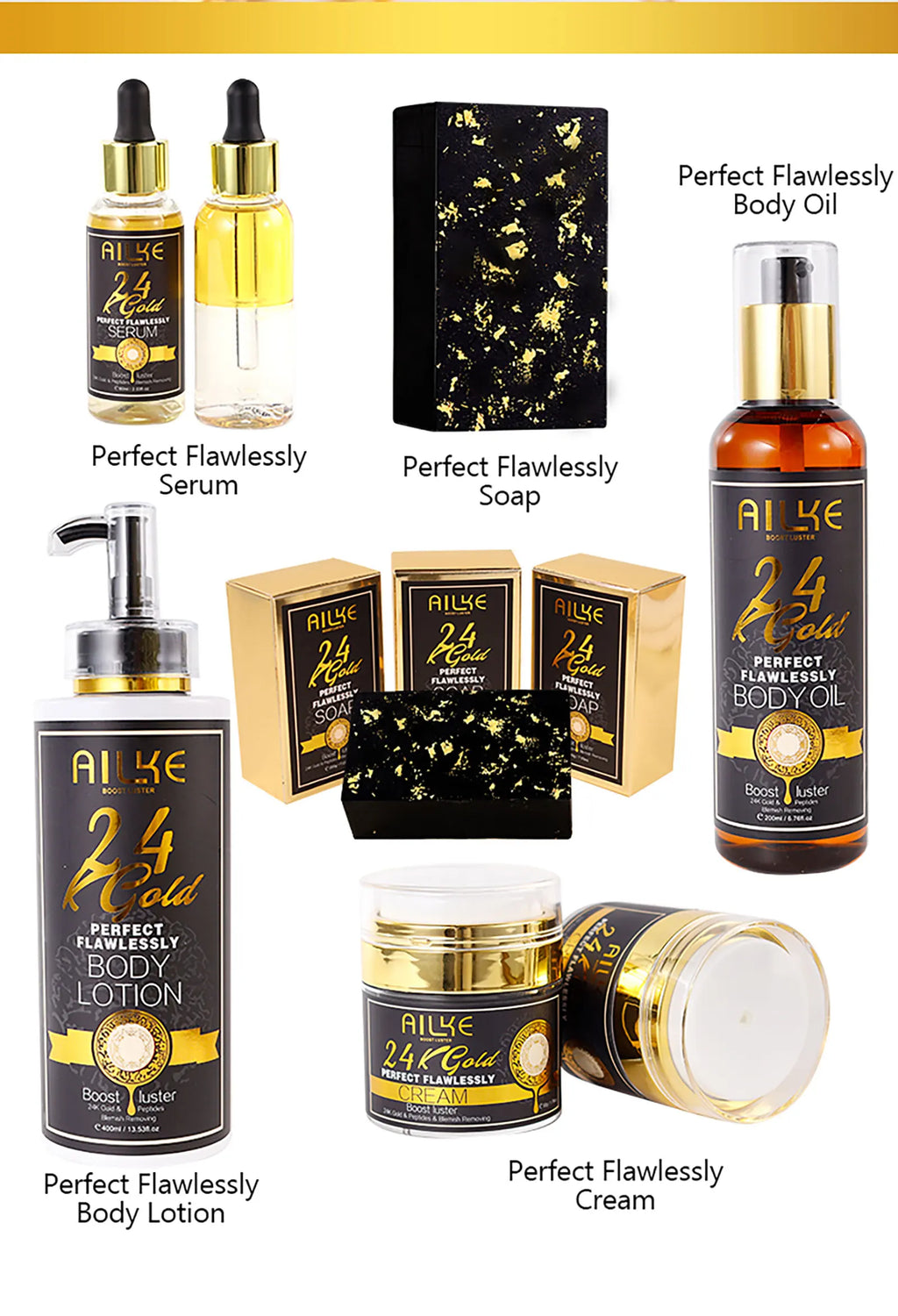 AILKE 24K Glod Alcance de cuidados com a pele impecável, clareador de pele, reduz manchas escuras, melanina, rugas, hidratação, para mulheres e homens