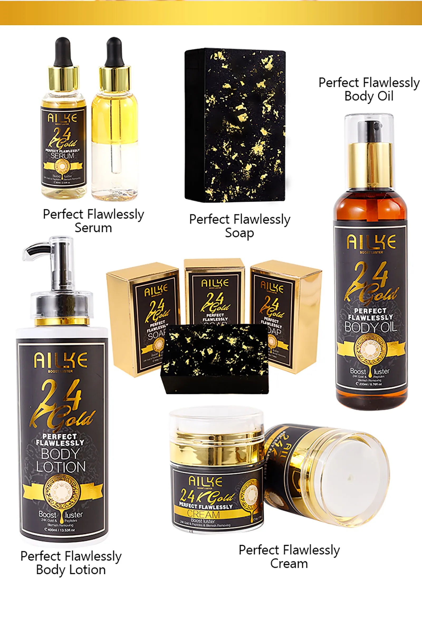 AILKE 24K Glod Alcance de cuidados com a pele impecável, clareador de pele, reduz manchas escuras, melanina, rugas, hidratação, para mulheres e homens