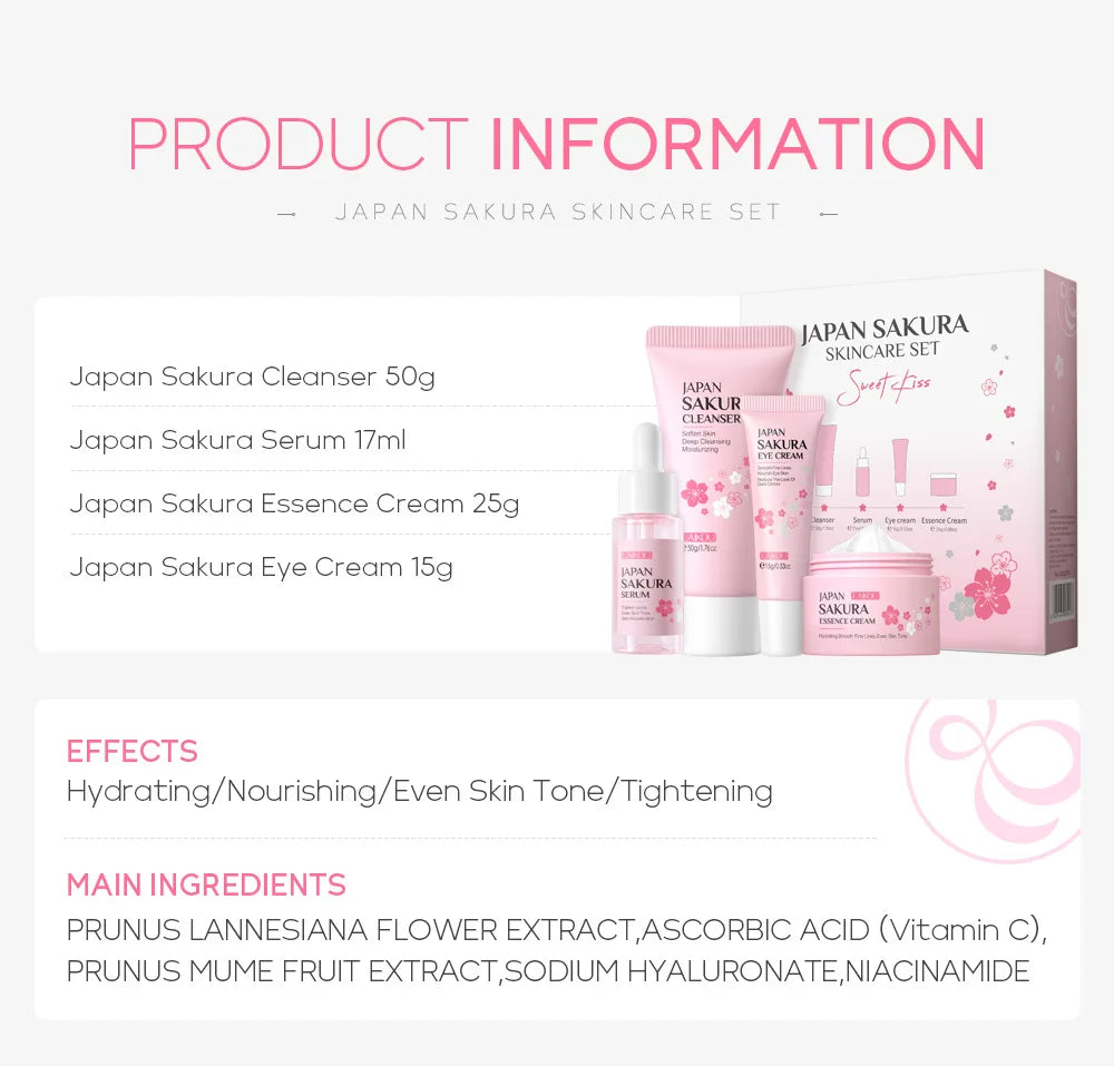 Conjuntos de cuidados com a pele Laikou Sakura com limpador, sérum, creme para os olhos, creme essencial, produtos de beleza para mulheres, presente de Natal.