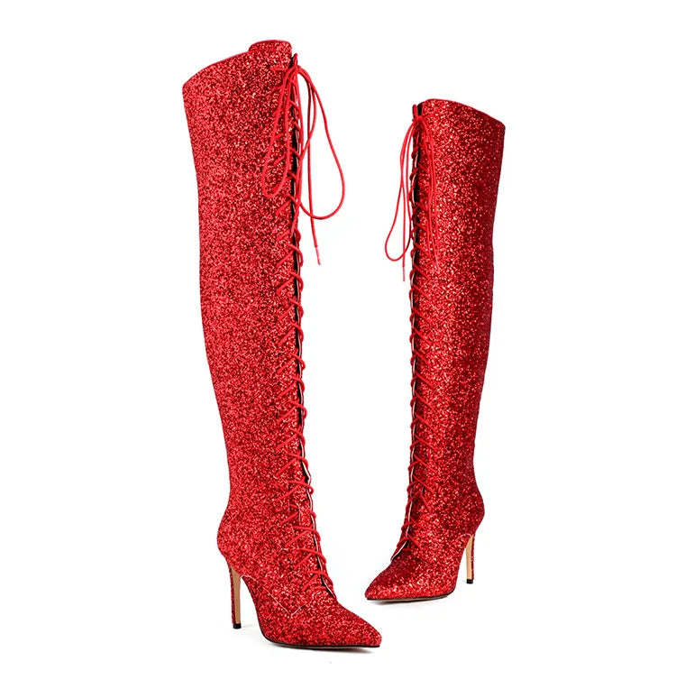 Botas femininas de lantejoulas acima do joelho, salto alto fino, botas longas pontiagudas, sapatos de festa para senhora, moda boate, 10cm, outono e inverno