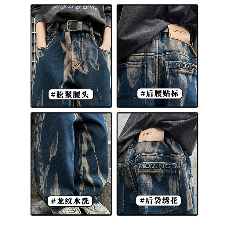 Crianças graffiti jeans meninos primavera e outono 2025 novas crianças adolescentes bonito meninos perna reta solta calças de perna larga