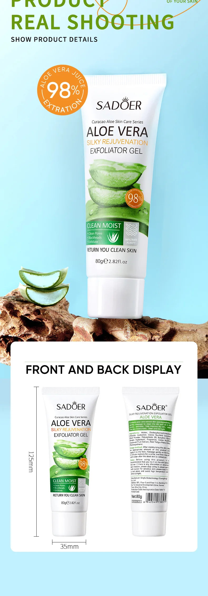 SADOER Gel Esfoliante Facial de Aloe Vera: Limpeza Profunda, Hidratação Suave e Esfoliação Facial
