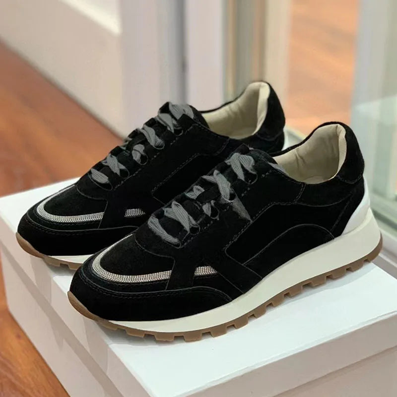 Sapatos casuais mulher dedo do pé redondo corrente corda grânulo conforto tênis de corrida senhoras camurça vaca retalhos rendas até tênis planos