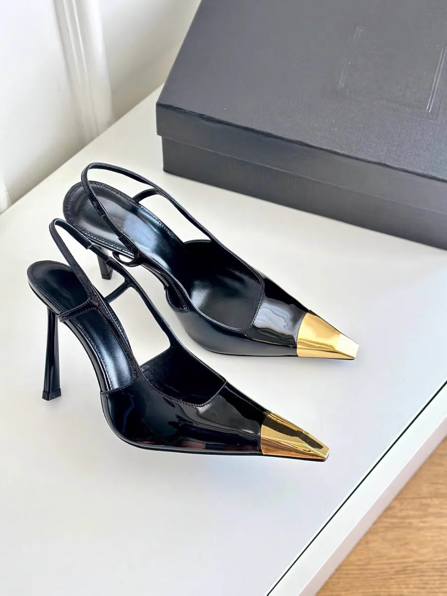 Novo verão sandálias femininas de salto alto ouro cabeça de ferro couro patente preto stiletto cabeça quadrada dedo do pé fechado estilingue volta sapatos