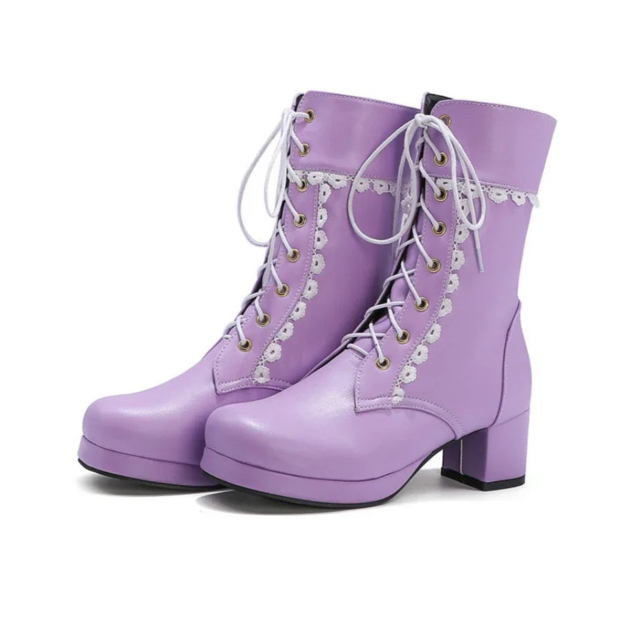 Moda feminina lolita meados de bezerro botas outono inverno elegante senhora cosplay sapatos de festa plataformas couro plus size botas dropship