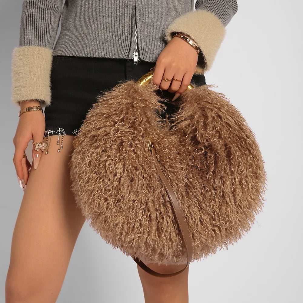 Moda feminina longa pele lã saco praia falso lã pele bolsa de ombro senhoras peles falsas bolsa luxo mongol ovelhas sacos de pelúcia
