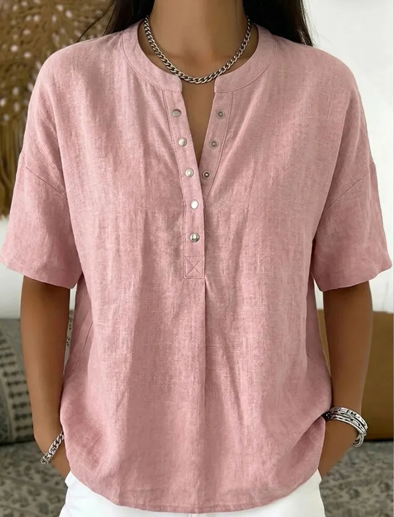 Blusa Feminina de Linho com Gola Henley, Manga Curta, Casual, Solta, Cor Sólida, Top de Verão