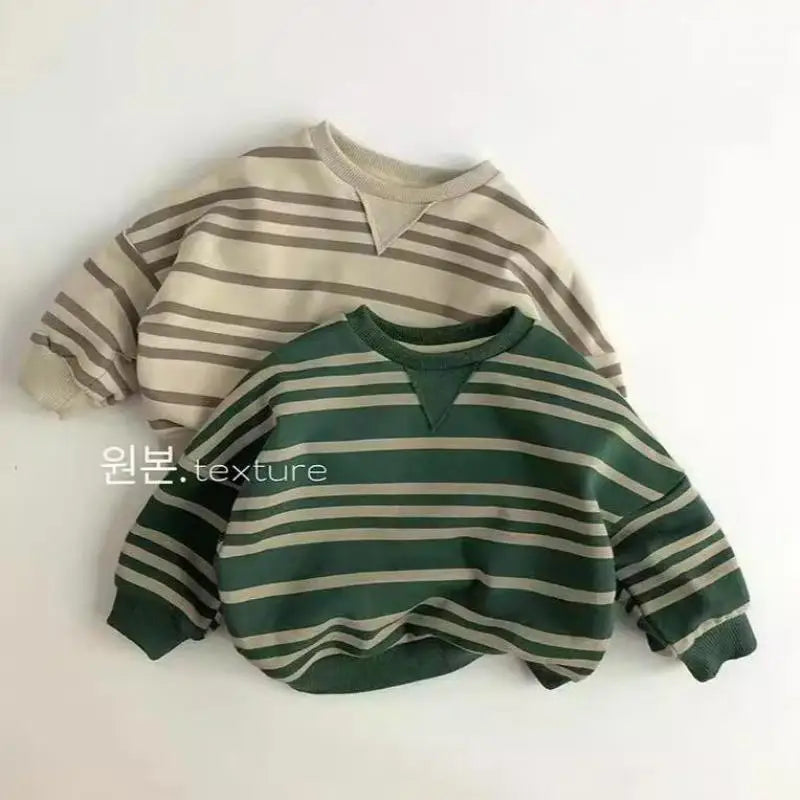 Moletom casual listrado infantil, manga comprida, tops com gola O, pulôver infantil solto, roupas de bebê, meninos, meninas, outono, novo