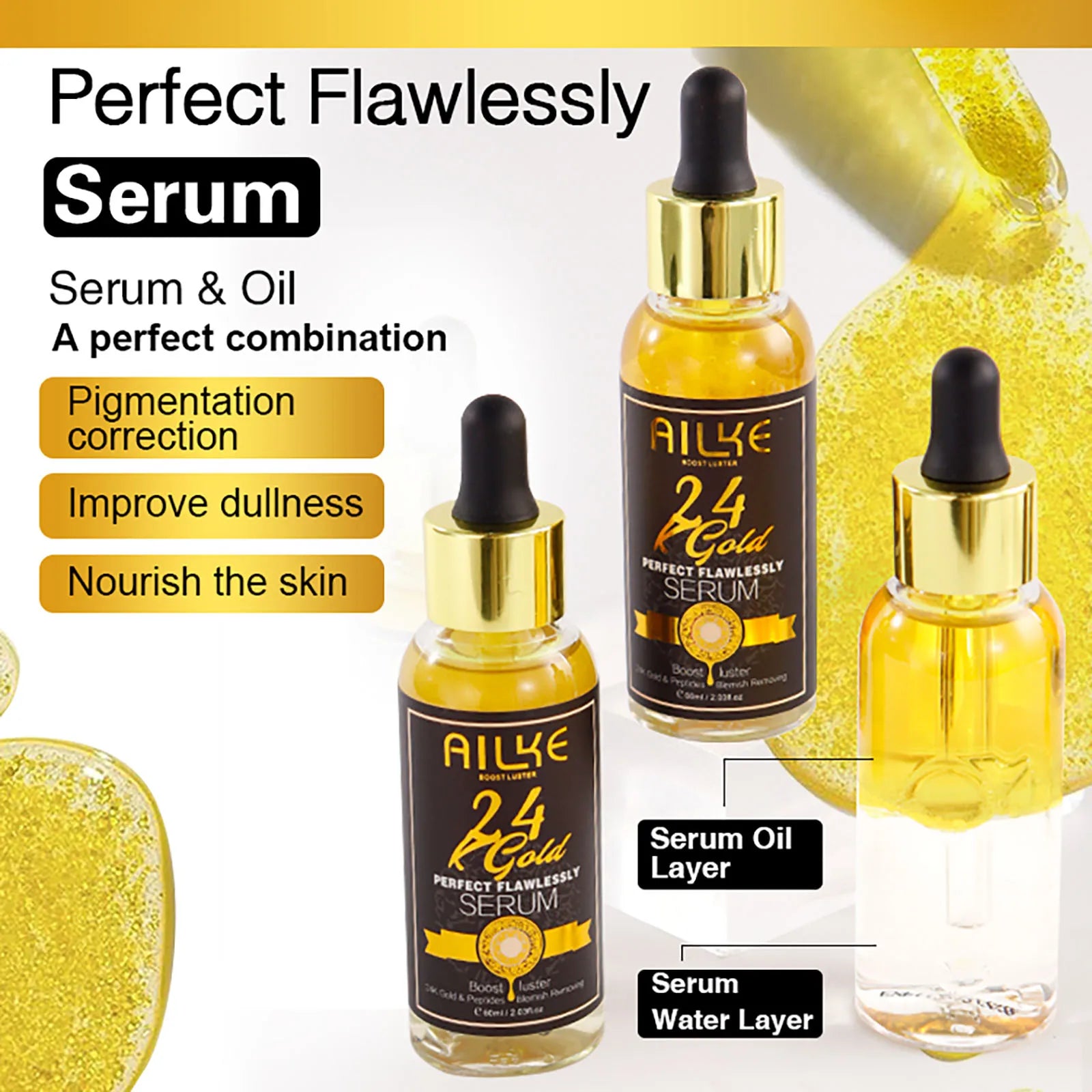 AILKE 24K Glod Alcance de cuidados com a pele impecável, clareador de pele, reduz manchas escuras, melanina, rugas, hidratação, para mulheres e homens