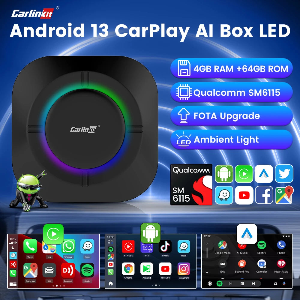 CarlinKit Android 13 LED AI Box Wireless CarPlay Wireless Android Auto Smart Car Multimedia Box Qualcomm 8-Core Chip Cartão SD Expandir para 512 GB Suporte Vídeo Online