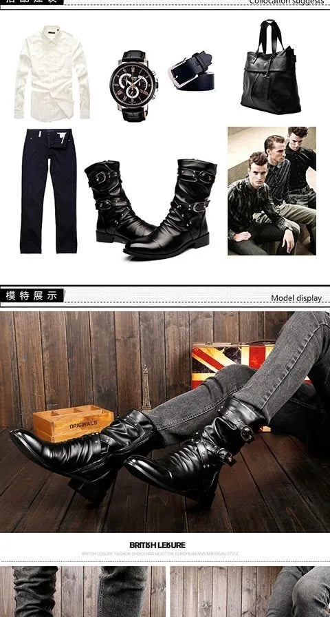 Inverno apontou toe botas de cano médio masculino fivela cinta chelsea bota para homens de couro botas de motocicleta alta superior homem sapato de inverno