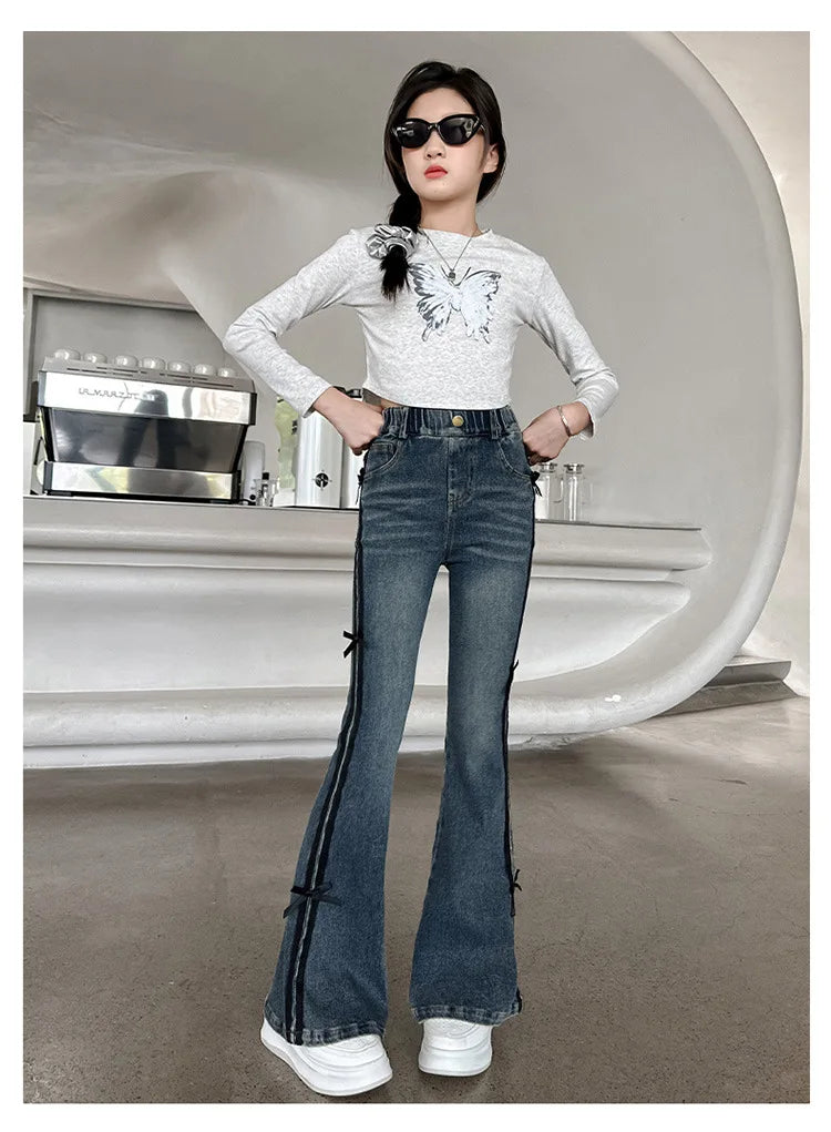 Crianças inverno fino ajuste bootcut flanela forrado jeans para meninas elegante isolado queimado calças jeans crianças calças térmicas quentes
