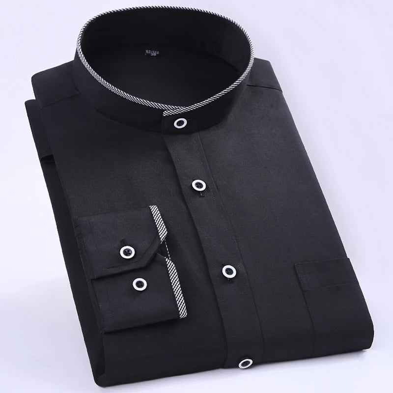 Camisas sociais masculinas clássicas de manga comprida, ajuste padrão, formal, negócios, social, simples, design básico, branco, trabalho, escritório, camisa casual