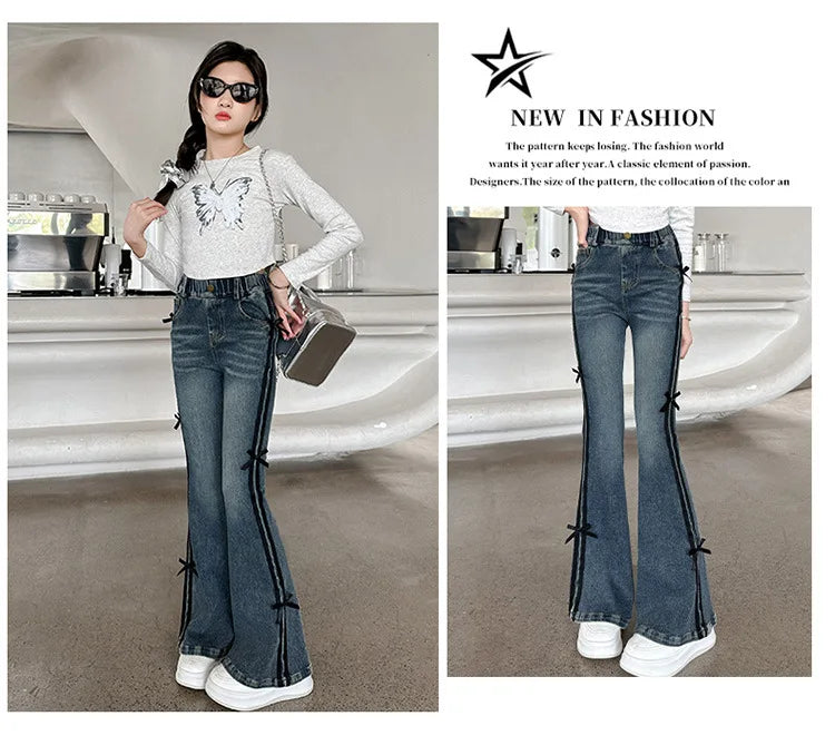 Crianças inverno fino ajuste bootcut flanela forrado jeans para meninas elegante isolado queimado calças jeans crianças calças térmicas quentes