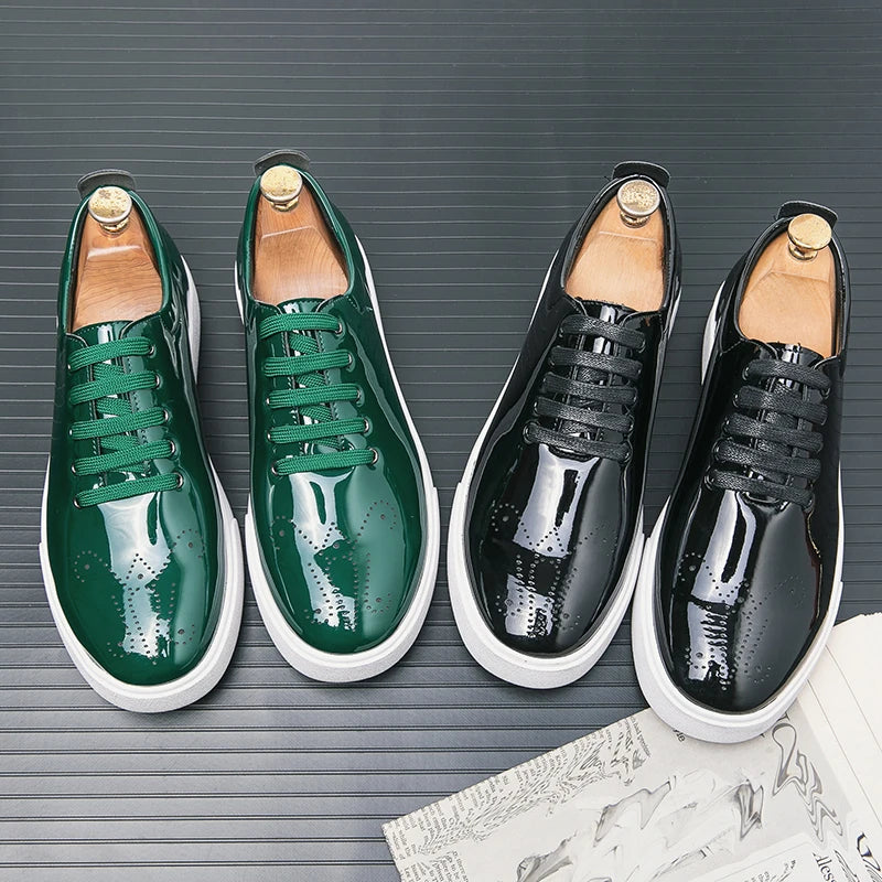 Sapatos casuais de couro envernizado, tênis com renda, sola verde, sapatos de couro designer de alta qualidade, primavera e outono