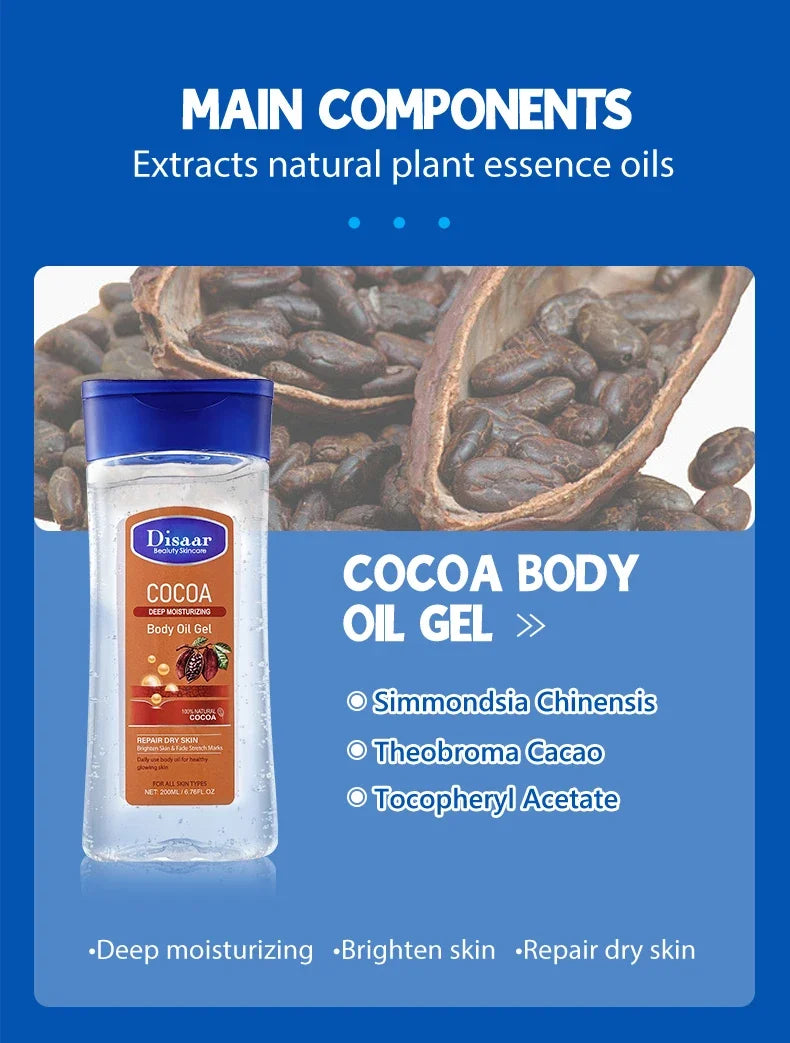Disaar-Óleo Corporal Extrato de Aloe Vera, Pele Suave, Anti-Rugas, Vitamina C, Óleo Essencial, Hidratante, Pele com Feijão Cacau, 200ml