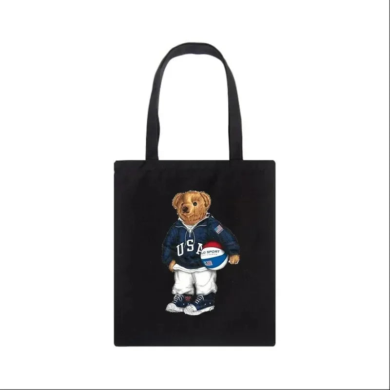 Moda urso impressão eco mulheres sacos de ombro bolsa feminina lona saco de compras casual grandes senhoras viagem totes sacos