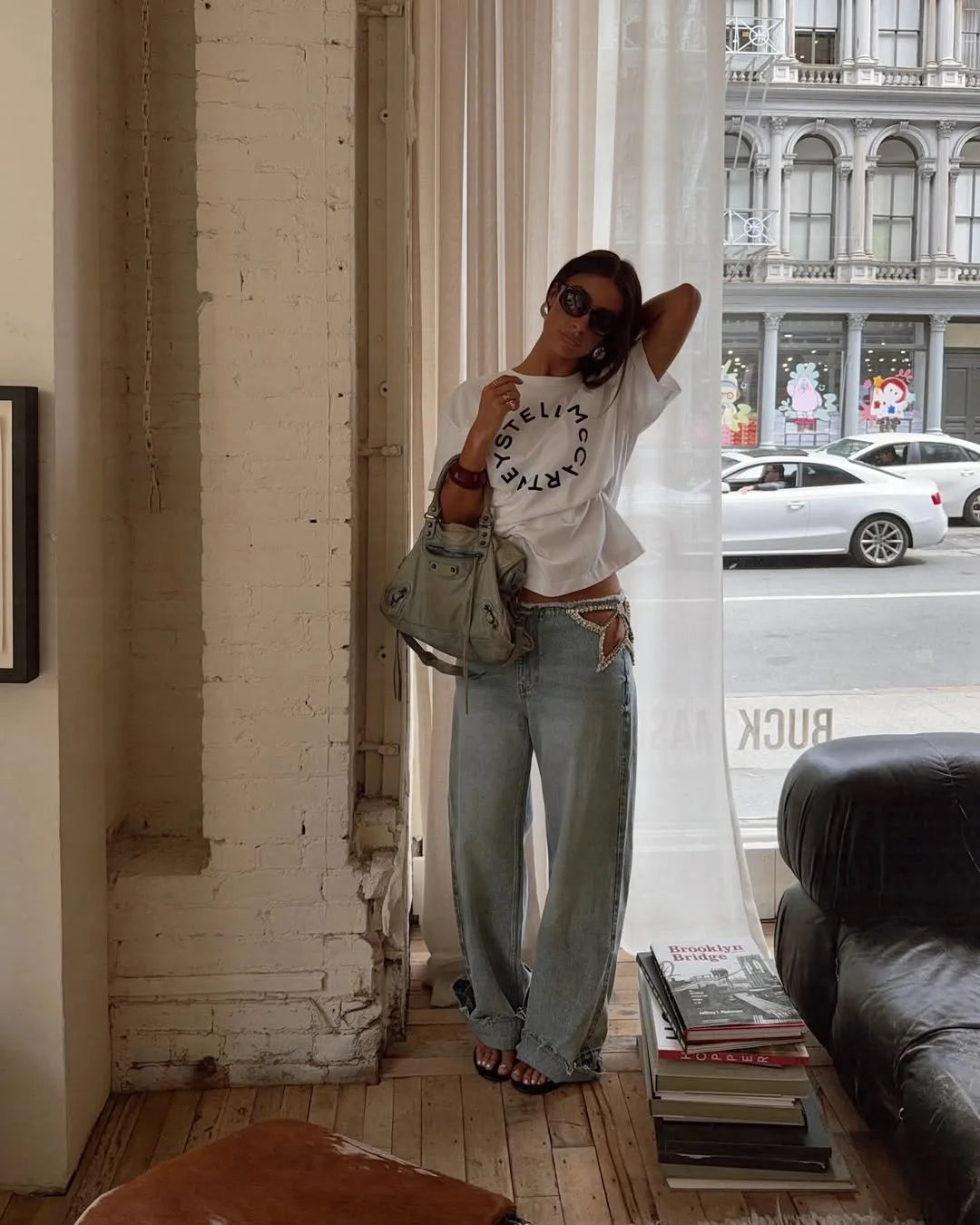 Calça Jeans Feminina Y2K Chic com Estrelas e Diamantes, Cintura Baixa, Recortes Laterais, Perna Larga Solta, Estilo Hip-Hop Streetwear Retrô Elegante
