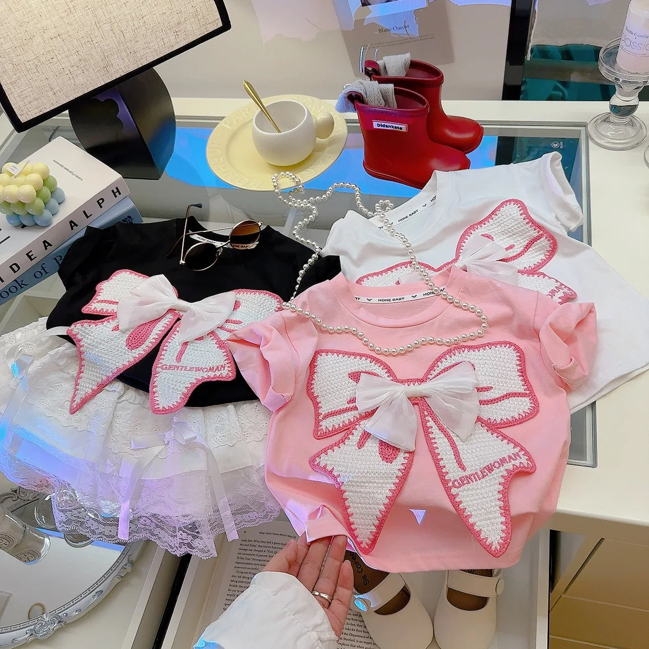 Conjunto de roupas de camiseta rosa para crianças, meninas, verão, saia de renda, pulôver, doce, bebê, lolita, conjunto de vestido, 1-8 anos, roupas infantis, estilo coreano