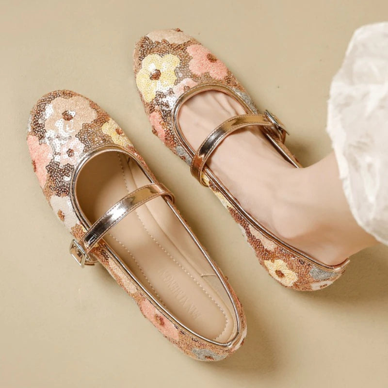 Luxo bling ballet flats feminino dedo do pé redondo colorido floral fivela design mary jane sapatos elegantes sapatos de festa conforto sandálias planas