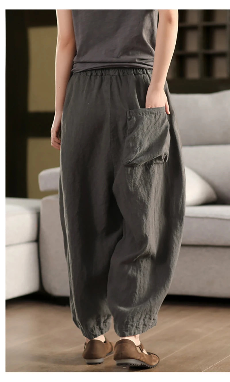 Calças compridas femininas de linho puro natural, estilo solto e retrô, calças largas, roupas de tamanho grande, casuais ao ar livre, confortáveis e legais