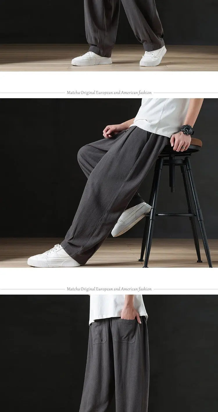 Calça masculina casual de linho verão leve solta de perna reta