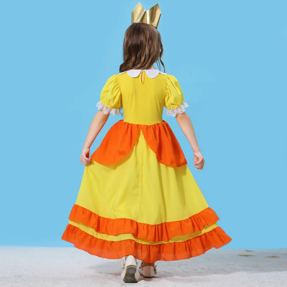 Pêssego rosalina vestido meninas margarida cosplay roupas crianças halloween vestir-se roupas de verão rendas applique princesa traje