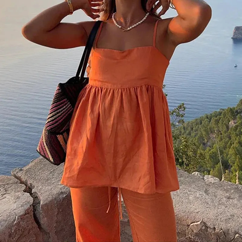 Conjunto feminino de linho algodão laranja 2 peças calças conjunto feminino roupas casuais primavera verão praia férias novo em roupa combinando 2025