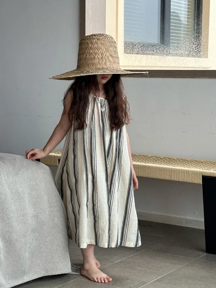 Crianças roupas meninas vestido sem mangas nova moda verão 2025 estilo coreano listra vertical francês retro vestido de férias