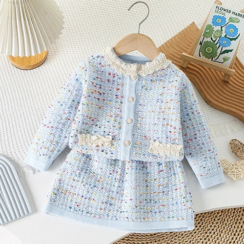 2025 novo outono 0-5yrs bebê meninas conjunto de roupas manga comprida malha cardigan casaco + saia curta crianças roupas de malha terno