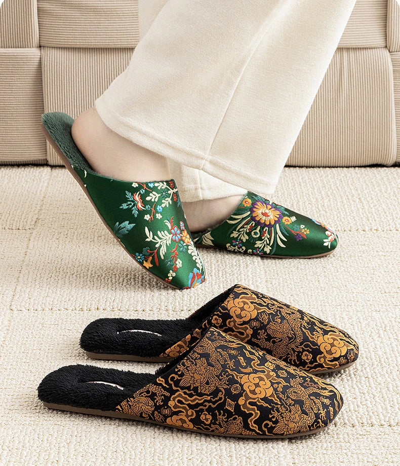 Chinelos de casa femininos homens inverno calor chinelos interiores senhoras sapatos bordados flor chinelos para mulher sapatos de casa