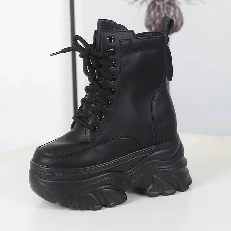 12cm outono plataforma botas de tornozelo feminino sapatos grossos rendas tênis mulher botas de couro sapatos de caminhada
