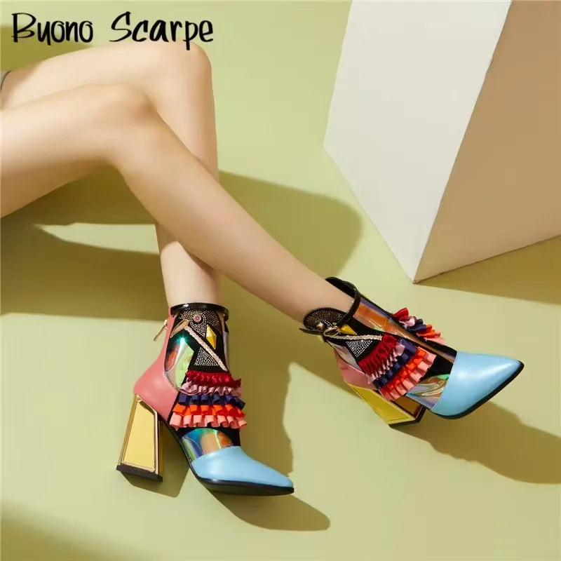 Botas femininas de cor misturada novetly dedo do pé apontado plataforma de fundo grosso botas de tornozelo feminino blingbling sapatos mujer moderna bota todos os jogos