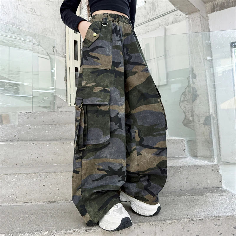 Crianças baggy camuflagem calças de carga com bolso para a menina streetwear y2k camo calças crianças harajuku coreano hip hop sweatpants