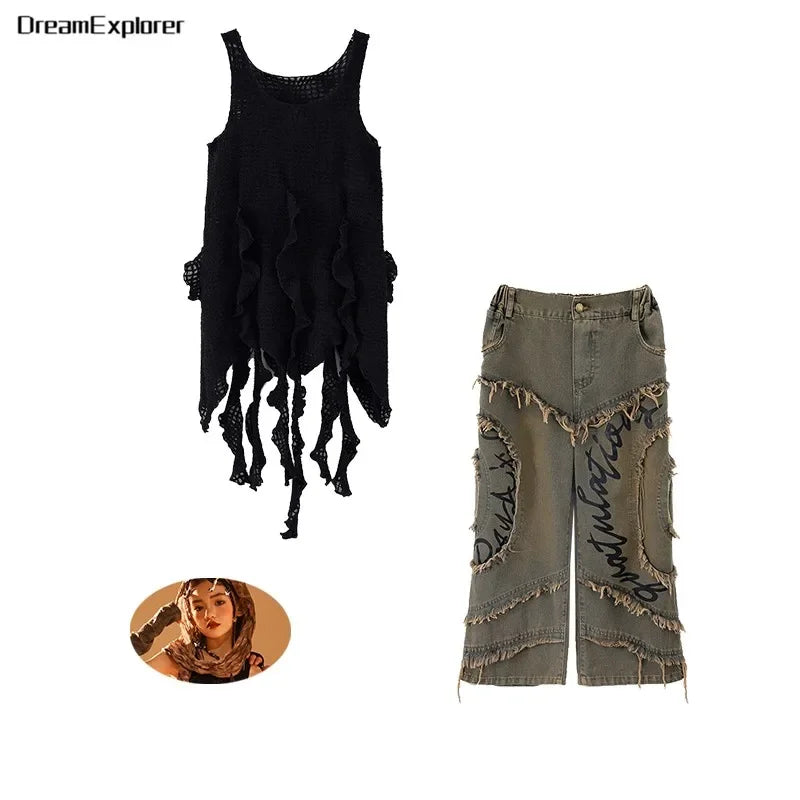 Conjunto de regata e jeans infantil Wasteland Street Dance de malha, moletons de hip hop, roupas de jazz, roupas punk, meninos e meninas