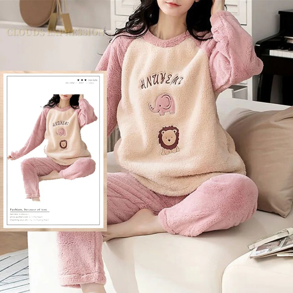 Outono inverno flanela conjuntos de pijamas femininos moda xadrez impresso teddy pijamas veludo homewear kawaii meninas pijamas mujer pijama