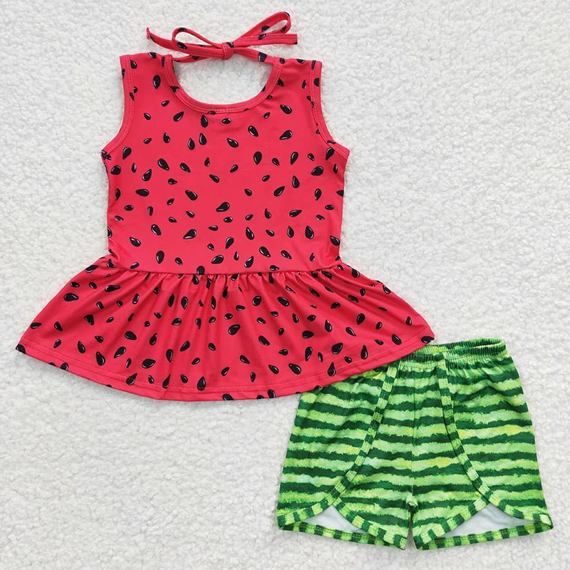 Bebê meninas boutique verão frutas roupas melancia vermelho camisa rosa dot plissado shorts atacado crianças roupas conjunto criança roupa