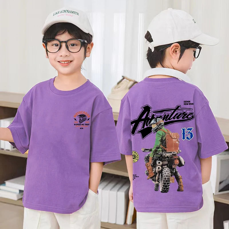Roupas infantis coreanas 2025 meninos motocicleta camiseta gráfica verão manga curta 100% algodão solto crianças topo roupas infantis