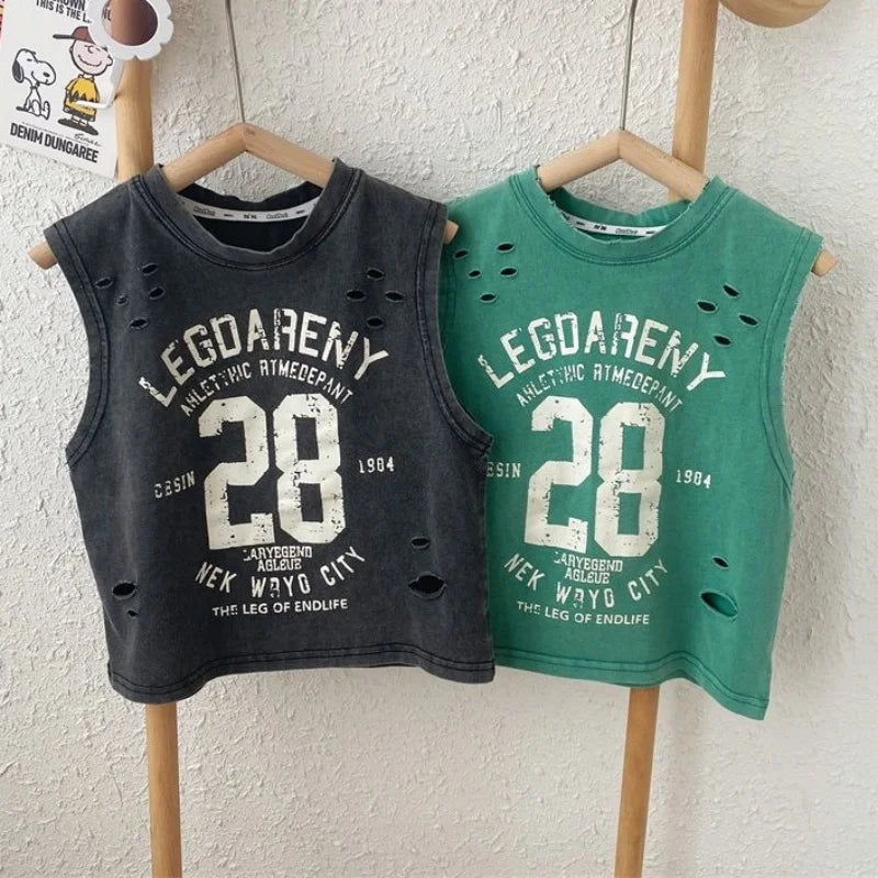 Verão bonito meninos novo preto puro algodão sem mangas perfurado camiseta estilo solto bebê crianças regata