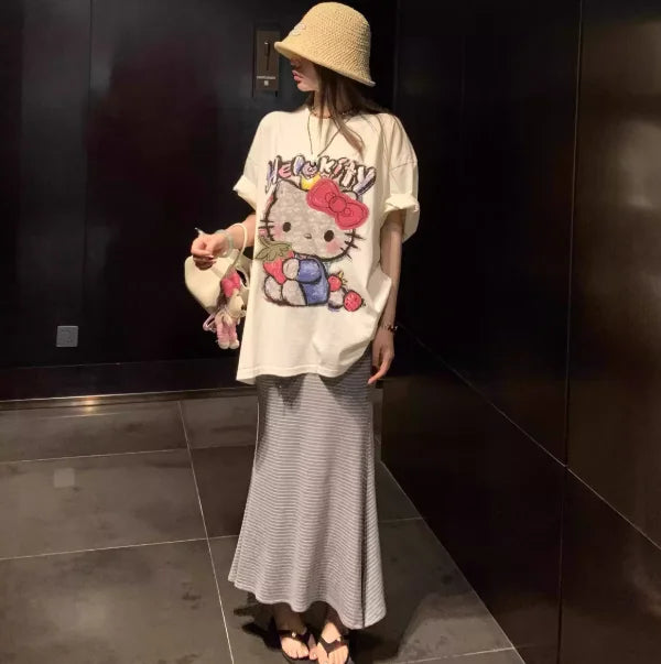 Camiseta Casual Estampada 100% Algodão Sanrio 2026 Coleção Verão Hello Kitty para Adultos e Crianças - Roupa Casual Tal Pai/Mãe, Tal Filho(a)