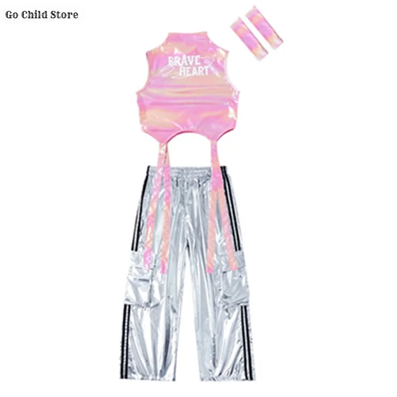 Meninas k-pop brilhante colheita superior calças de carga shorts de dança de rua crianças hip hop jazz conjuntos de roupas crianças streetwear menina grupo traje