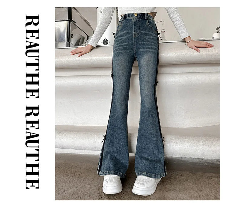 Crianças inverno fino ajuste bootcut flanela forrado jeans para meninas elegante isolado queimado calças jeans crianças calças térmicas quentes